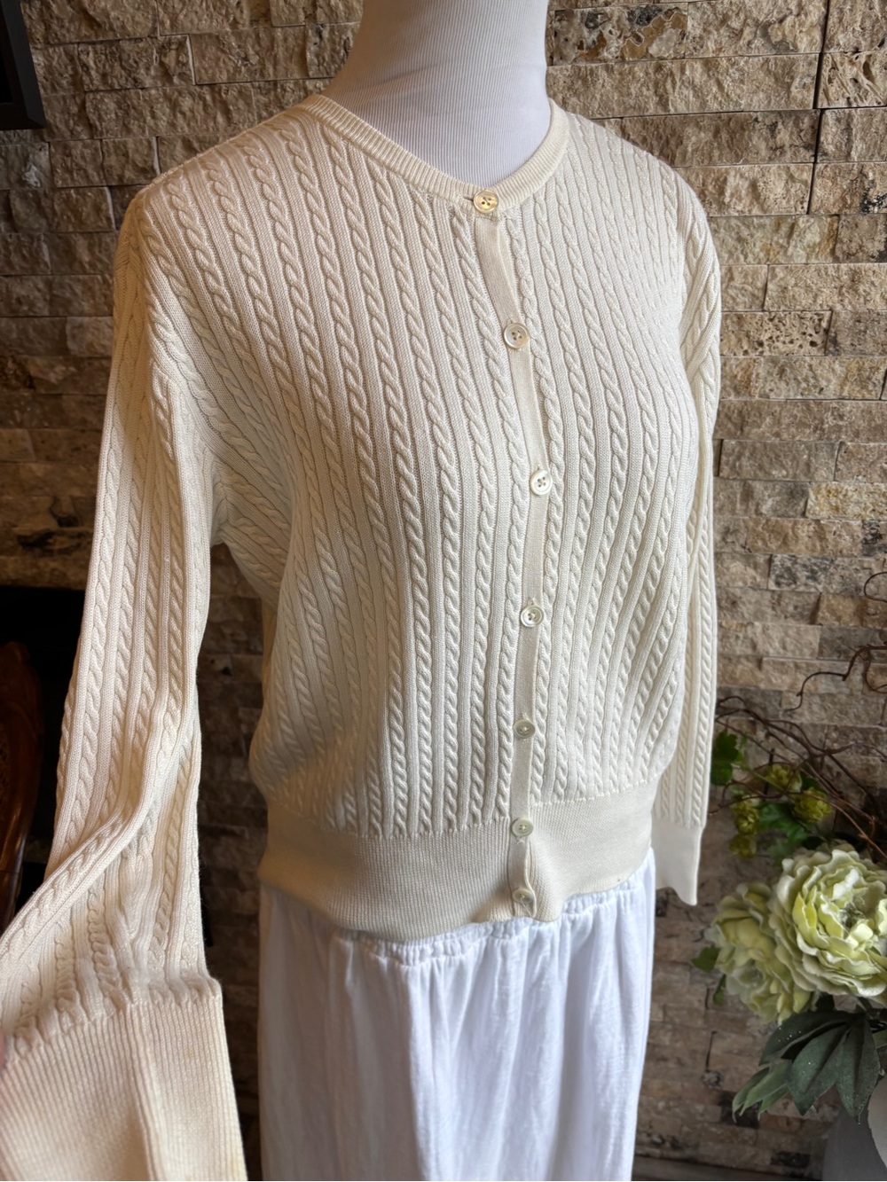 Ralph Lauren Cream Cable Knit Button-Front Cardigan